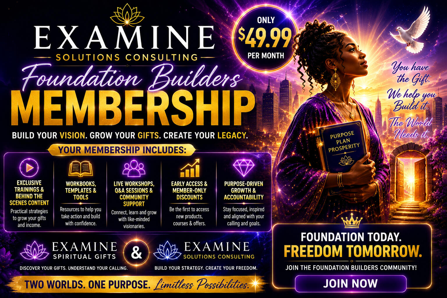 Foundations Builders Membership,...Two Worlds. One Purpose. Discover Your Gifts. Understand Your Calling. Build Your Strategy. Create Your Freedom.
