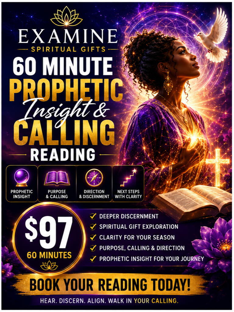 🔮 Your session may include: • Spiritual gift exploration• Prophetic impressions and insights• Purpose and calling discussion• Identification of gifts or talents worth developing• Reflection on obstacles or areas requiring discernment.